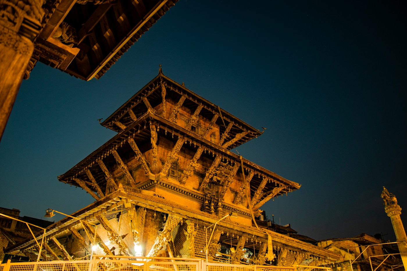 Illuminated wooden temple at Mangal Bazaar, Patan, Lalitpur